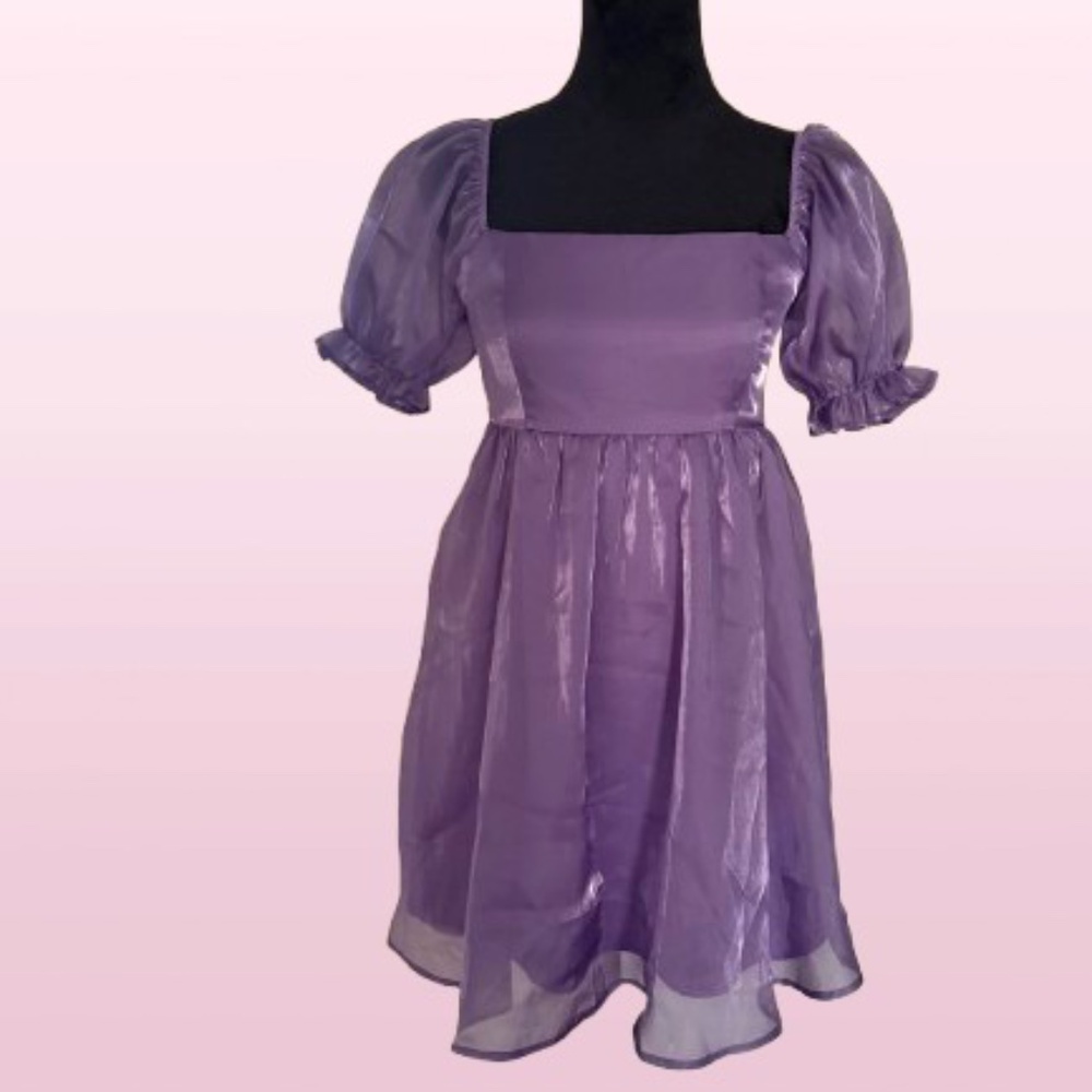 Thirty Thirty Women Puff Sleeved Mini Babydoll Dress Shiny Satin Purple SZ Small